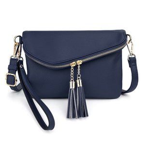 Purse Double Tassel Zippers Lightweight Flapover Handbag with Wristlet Strap CA